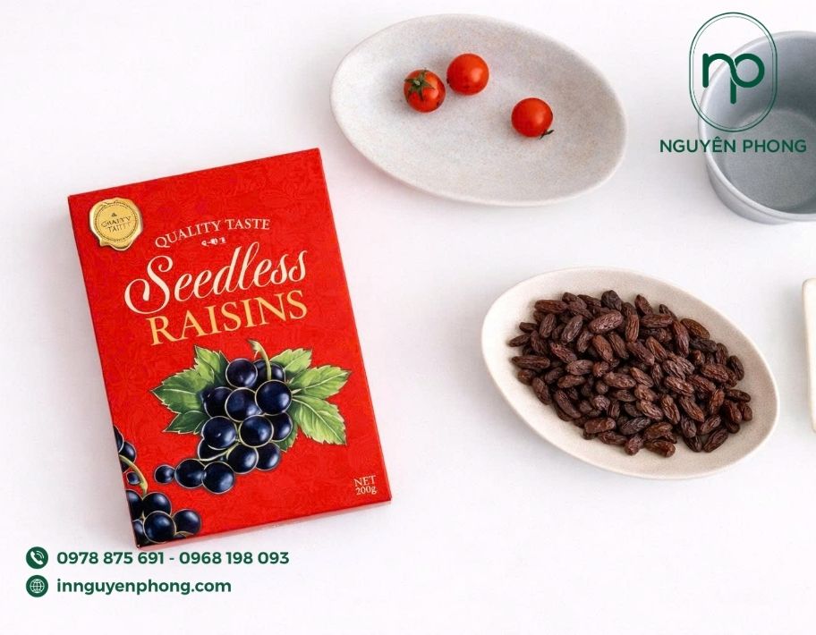 Mẫu in hộp giấy đựng nho khô in logo 